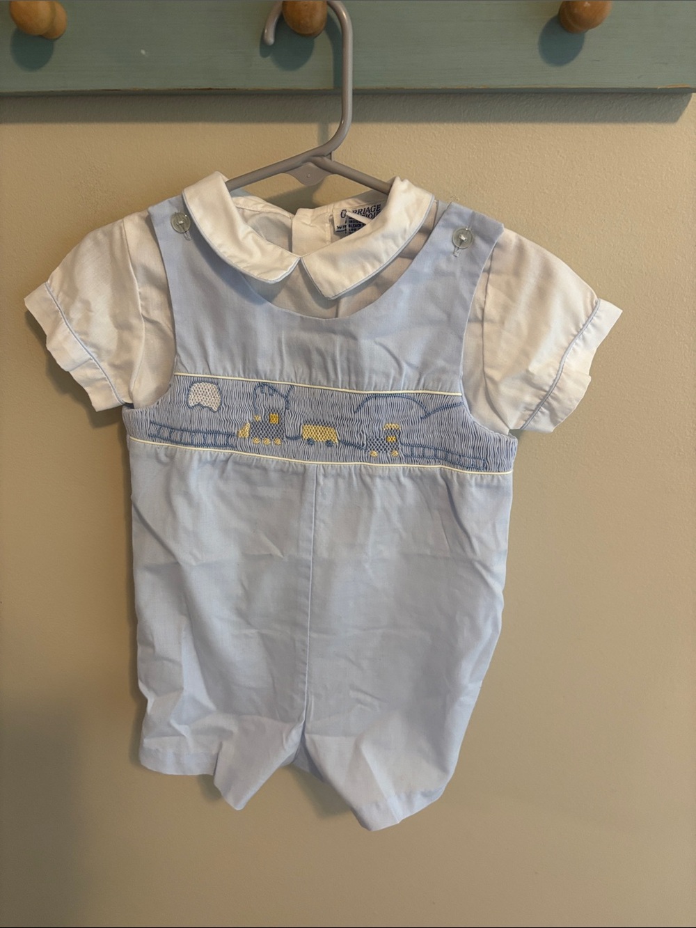 Carriage Boutiques Vintage Baby Boy Smocked Train Romper Light Blue 24 Months